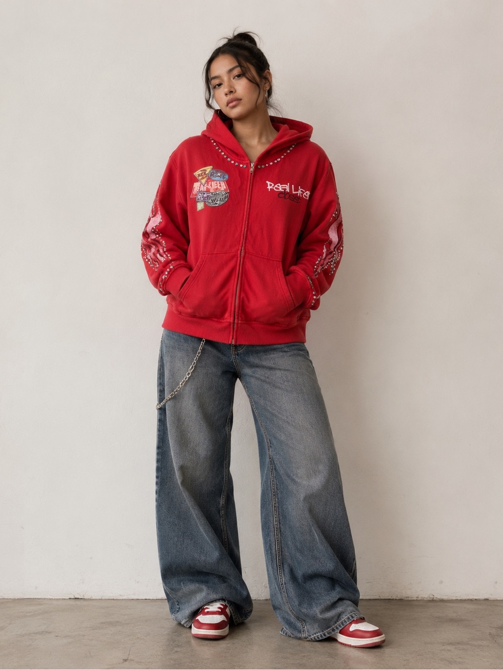 PacSun Red Zip-Up Hoodie with Graphic Patches